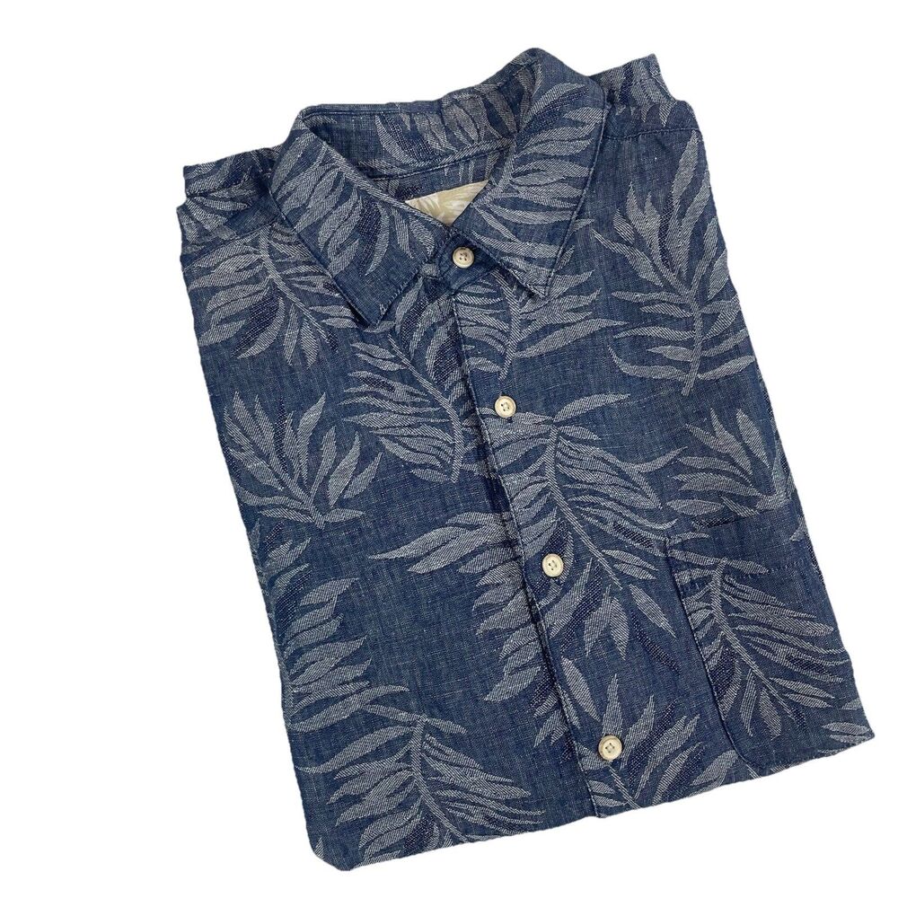 Tasso Elba Men’s Floral Linen Blend Short Sleeve  Button Up Shirt Blue Hawaii -M